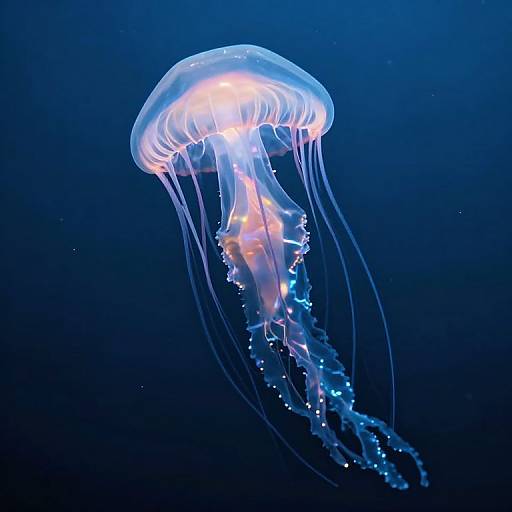 Photograph of a glowing, translucent jellyfish with delicate, flowing tentacles against a dark blue underwater background.