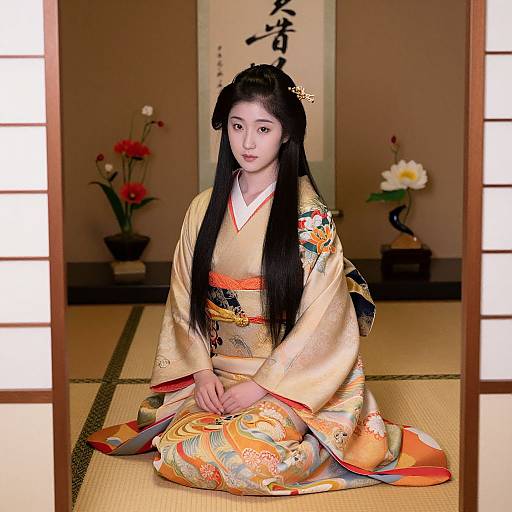 Photograph of an East Asian woman with long black hair, wearing a colorful floral kimono, seated on a tatami mat floor in a traditional Japanese