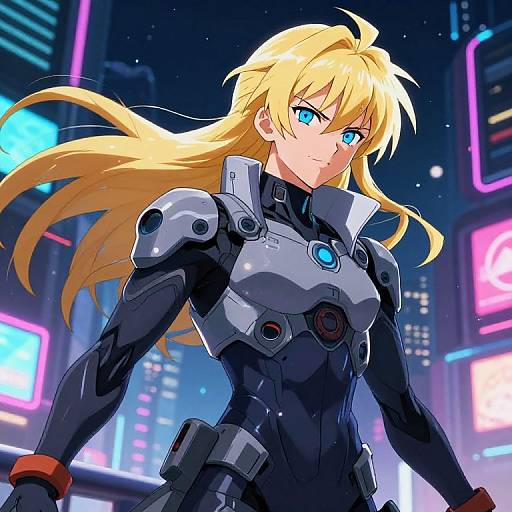 Digital anime-style illustration of a blonde, blue-eyed woman in a futuristic black and gray armored suit, standing confidently in a neon-lit, cyberpunk