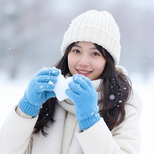 Photograph of a smiling Asian woman with long black hair, wearing a white fur hat, white coat, and blue gloves, playfully holding snow in