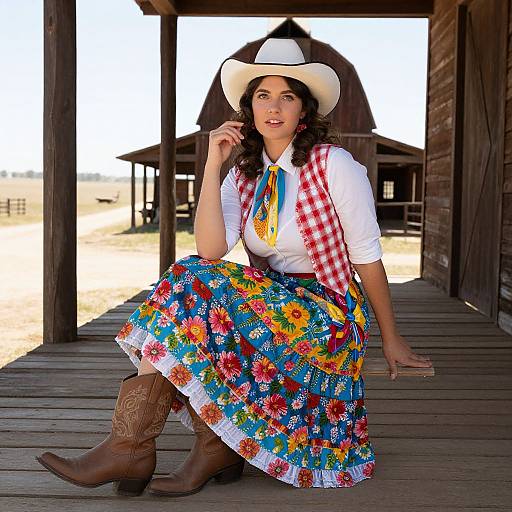 Photograph of a brunette woman in a white cowboy hat, red checkered scarf, white shirt, colorful floral skirt, and brown boots, sitting on