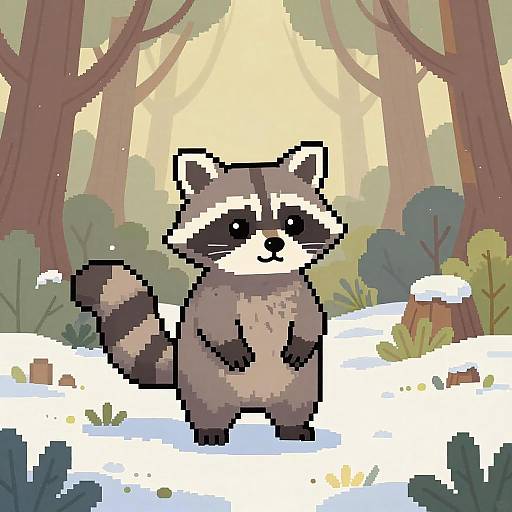 Pixel art of a cute, standing raccoon with black and white facial markings, gray fur, and a bushy tail, in a snowy forest with