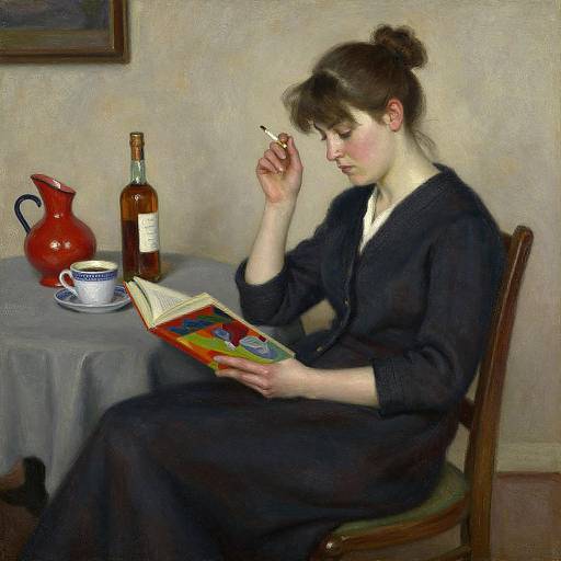 Photograph-style painting of a fair-skinned woman with brown hair in a bun, reading a colorful book while smoking a cigarette, wearing a black robe