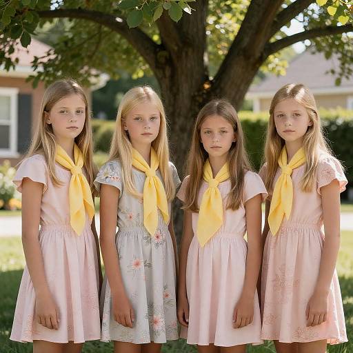 Blonde Girls in Floral Dresses Outdoors