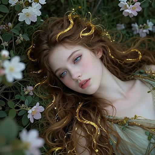 Digital painting of a fair-skinned, blue-eyed woman with wavy auburn hair, golden tendrils, and pale pink flowers around her,