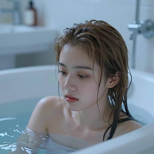 Serene Woman in Blue Bathtub Light