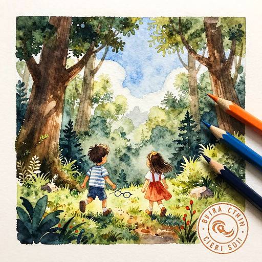 Watercolor illustration of two children exploring a sunlit forest; one wears a striped shirt, the other a red dress; pencils frame the bottom, artist