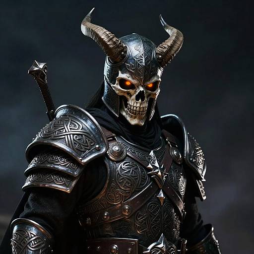 Dark fantasy CGI image of a horned, skeletal warrior in ornate black armor with glowing orange eyes, set against a dark, smoky background.