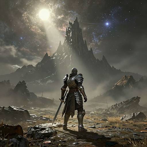 A lone armored warrior with a sword stands on rocky terrain, gazing at a glowing, mountainous, starry sky in a fantasy landscape. Digital