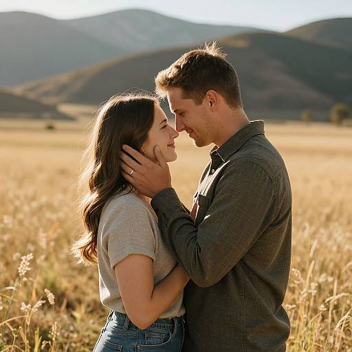 Photograph of a smiling couple, man in gray shirt, woman in white top and blue jeans, touching foreheads in golden field with mountains in background