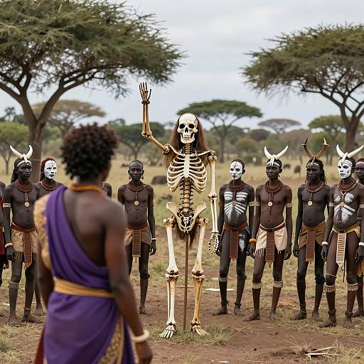 Tribal Warriors Facing Skeletal Figure in Savanna