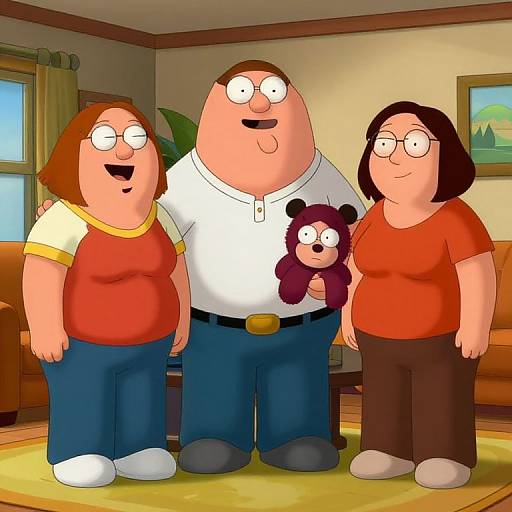 Cartoon image of three overweight, glasses-wearing family members in red shirts and blue jeans, standing in a cozy living room, holding a brown ted