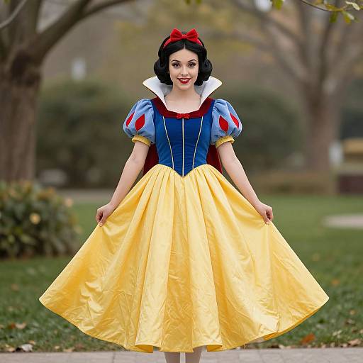 Photograph of a woman in a vibrant Snow White costume, with a blue bodice, yellow skirt, white collar, and red bow, standing in