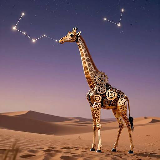 Photograph of a giraffe with intricate black spots, standing in a desert under a starry night sky with a constellation. Dunes in the background