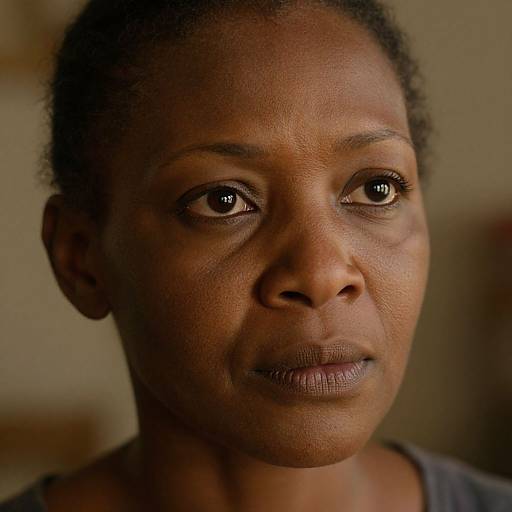 Close-up photograph of a serious, middle-aged African woman with dark brown skin, short curly hair, and deep brown eyes, wearing a dark shirt,