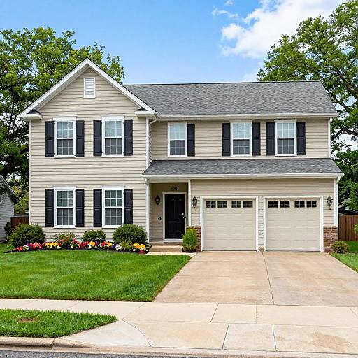 Two-Story Beige House with Garden