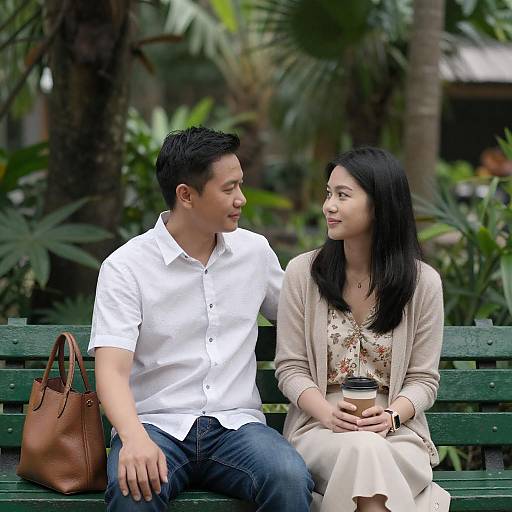 Photograph of an Asian couple sitting on a green bench in a lush garden. He wears a white shirt and blue jeans, she has long black hair