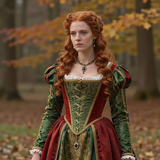 Red-haired Woman in Renaissance Costume Outdoors