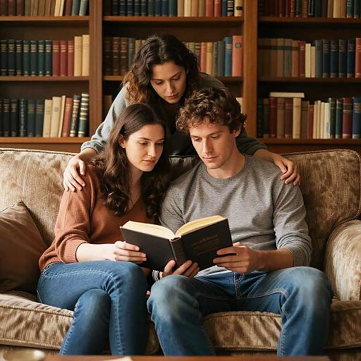 Photograph of a young couple sitting on a beige couch in a library, reading a book together, with bookshelves filled with books in the background