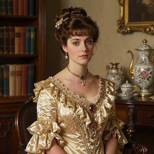 Photorealistic portrait of a fair-skinned woman in an opulent, gold, Victorian-style dress with intricate details, sitting in a vintage library with