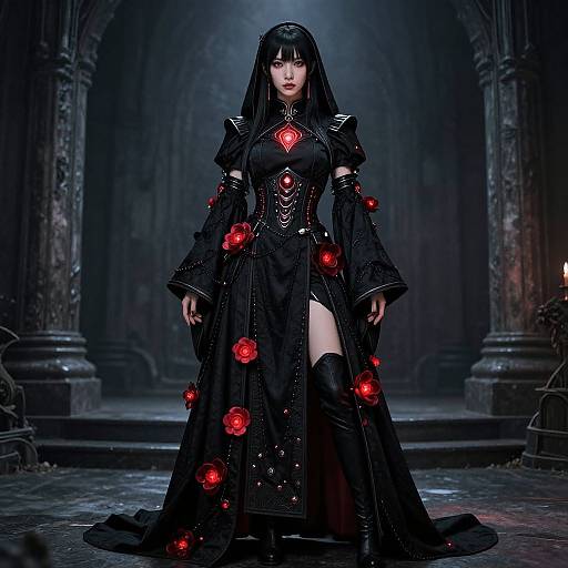 Gothic-style photograph of a pale-skinned woman with long black hair, wearing a black, ornate dress with red rose decorations and thigh-high