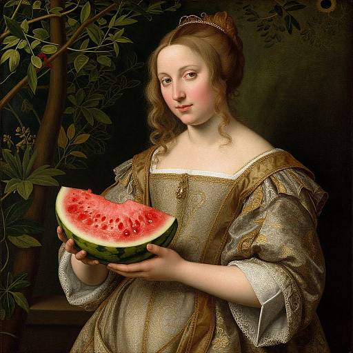 Baroque-style digital painting of a fair-skinned, brown-haired woman in a gold-trimmed dress, holding a slice of juicy, red water