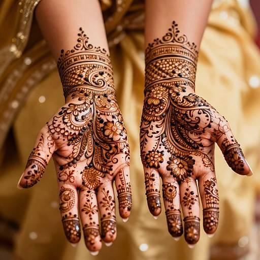 Photograph of hands adorned with intricate brown henna designs, palms up, against a blurred golden background, showcasing detailed floral and paisley patterns.