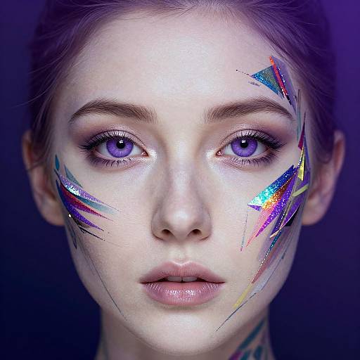 Photograph of a pale-skinned woman with striking purple eyes, wearing vibrant, multicolored geometric face paint, set against a dark purple background.