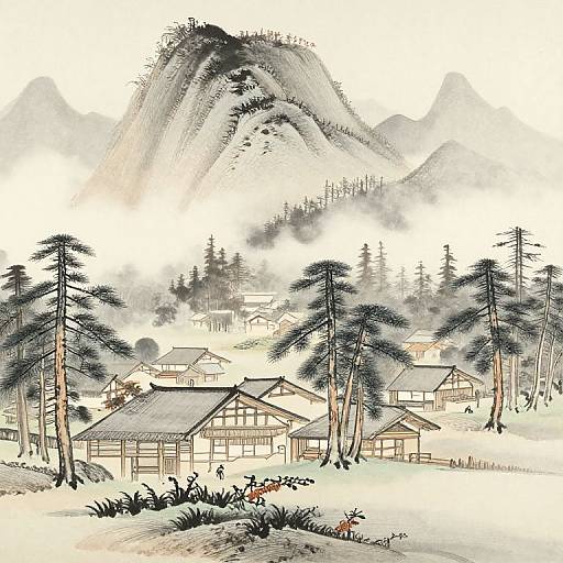 Traditional Japanese ink and watercolor painting of a mountain village with wooden houses, tall pine trees, and misty peaks in the background.