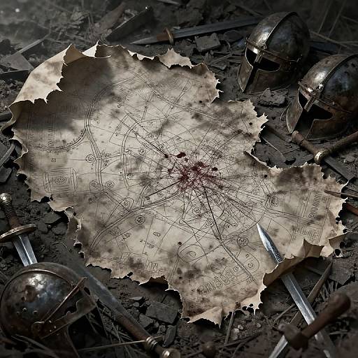 Photograph of a torn, blood-stained, detailed map on a dark, debris-filled ground, surrounded by metal helmets and broken glass.
