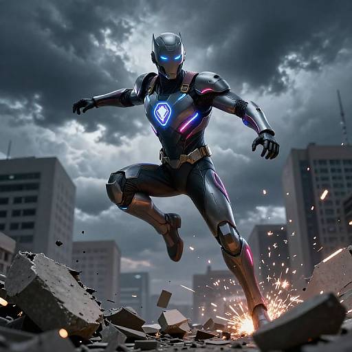 Digital artwork of a glowing blue-eyed, black armored superhero leaping over rubble with sparks, against a stormy sky and cityscape.