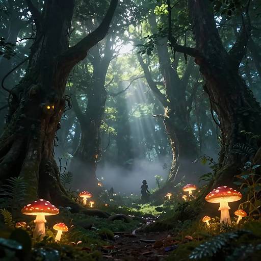 Fairy-tale forest scene: sunlight filters through tall trees, illuminating glowing red mushrooms, mist, and a small, silhouetted figure