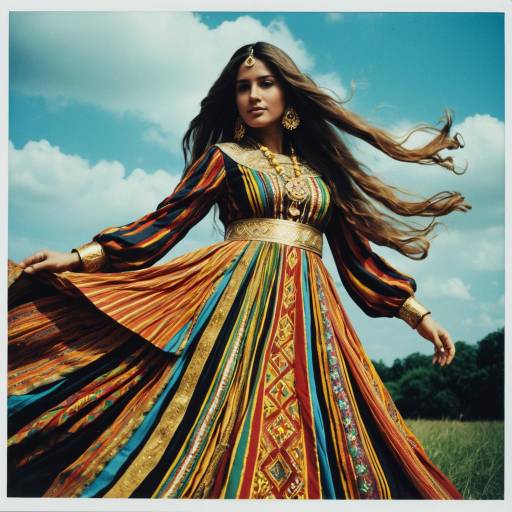 Woman in Colorful 1970s Ethnic Dress with Gold Accessories