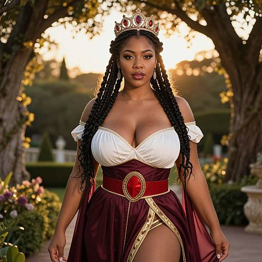 Photograph of a curvy Black queen with long braids, wearing a white off-shoulder top, maroon gown with gold trim, red
