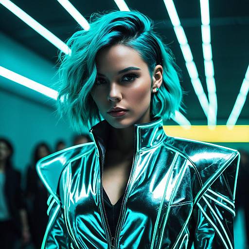 Woman with Teal Hair in Futuristic Silver Suit