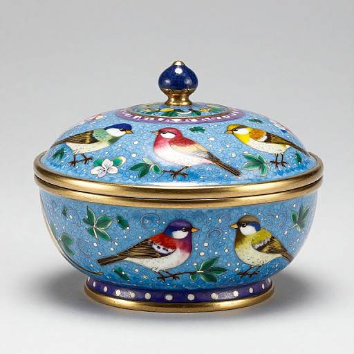 Decorative blue porcelain bird-shaped lidded jar with gold trim, colorful birds, and floral patterns, topped with a blue gemstone lid.