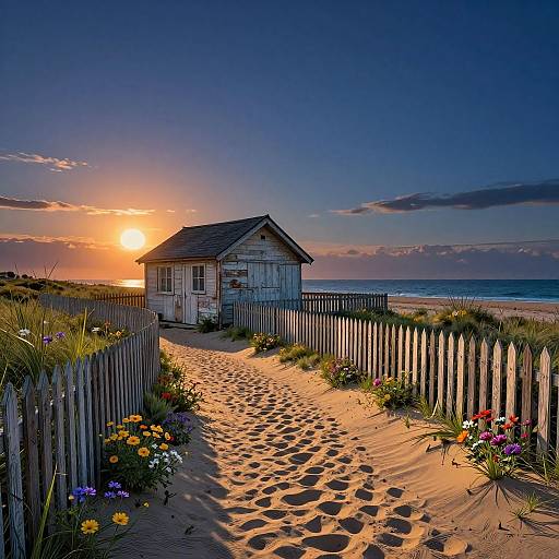 Photograph of a rustic beach cottage at sunset, surrounded by a wooden fence, sandy path, and vibrant flowers, with the sun setting over the ocean