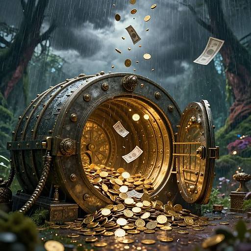 Photorealistic digital art of a rusty, open treasure chest overflowing with gold coins and flying money in a rainy forest.