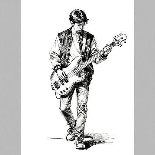 Black-and-white sketch of a young man with short hair, wearing a jacket and jeans, passionately playing an electric guitar.