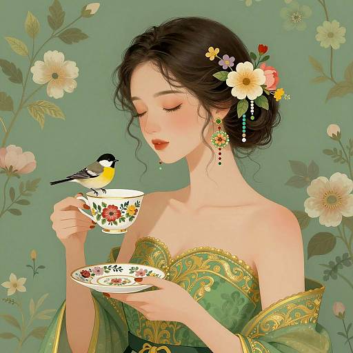 Elegant Woman with Floral Teacup and Bird