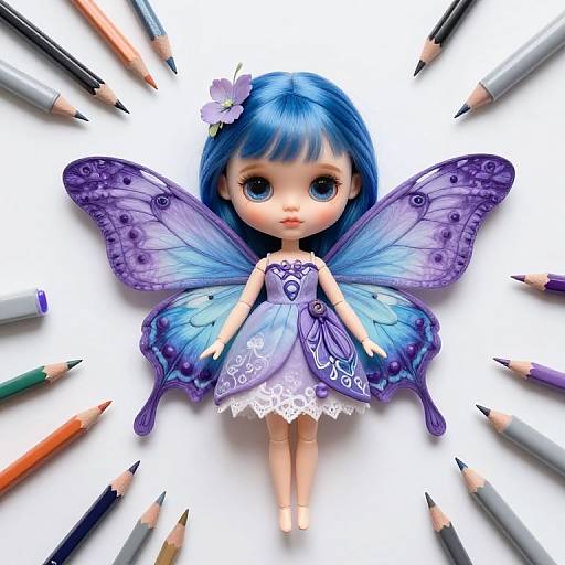 Digital doll with blue hair, purple butterfly wings, and lace dress, surrounded by colored pencils, with a white background.