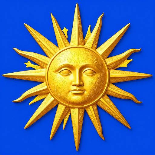 Golden sun symbol with a serene face and ornate patterns, set against a vibrant blue background, radiating 12 pointed rays. Digital art.