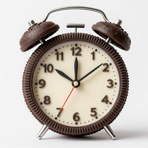 Photograph of a classic black and white twin-bell alarm clock with black numbers, black hands, red second hand, and textured brown edges.