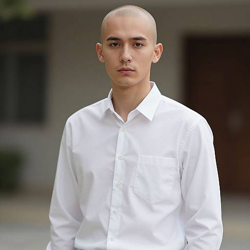 Photograph of a young, bald man with light skin wearing a plain white button-up shirt, standing outdoors with a blurred background.