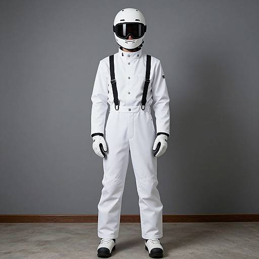 Photograph of a person standing in front of a gray wall, wearing a white full-body jumpsuit, white helmet with black visor, white gloves