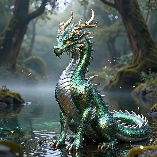 Digital artwork of a green, dragon with golden horns and white spikes, sitting in a misty forest pond, surrounded by glowing fireflies.
