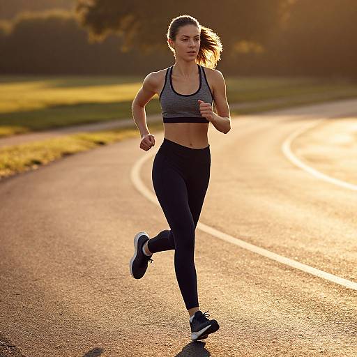 Photograph of a fit, brown-haired woman in a gray sports bra and black leggings, running on a sunlit, curved road.