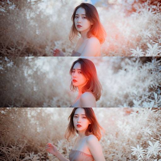 Photograph of an Asian woman with shoulder-length brown hair, fair skin, and red lips, standing in a sunlit, leafy forest. Three
