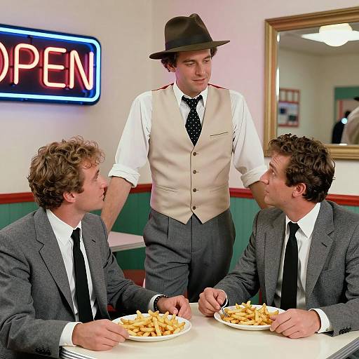 1980s Diner Scene with Men and Fries