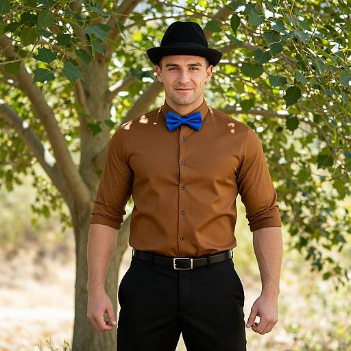 Confident Man Beside Sunlit Tree